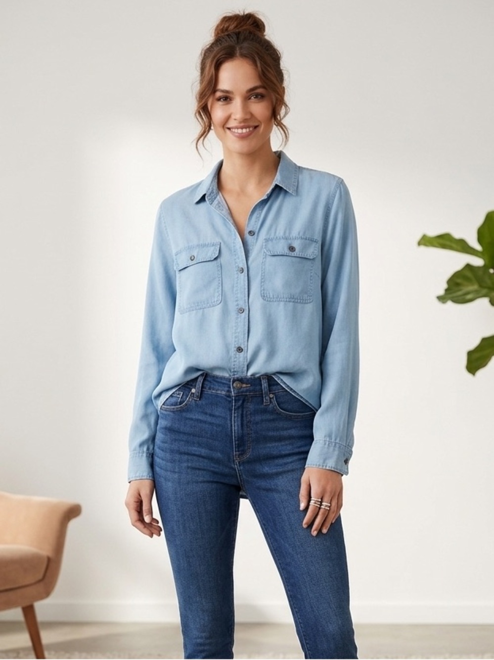Classic Light Wash Chambray Button-Down Blouse